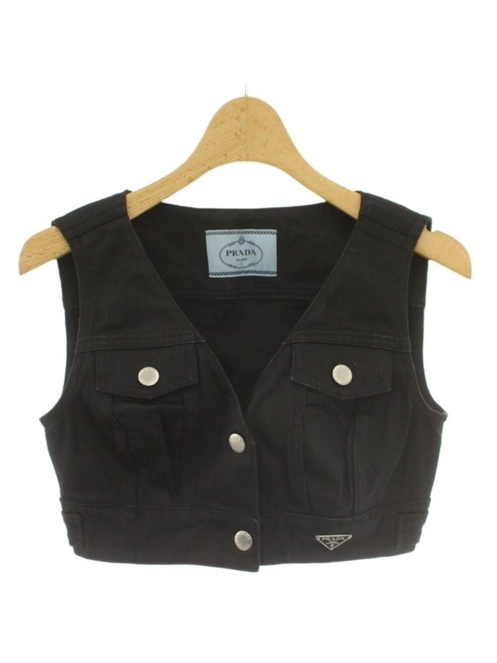 Prada Year Denim Cropped Vest V Neck Open Front Triangle Plate Logo Stretch